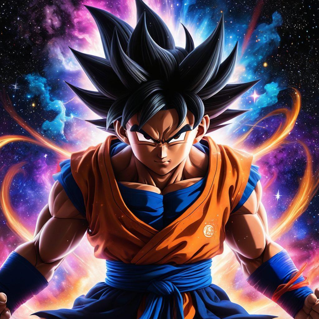 A dynamic portrait of Dark Goku, featuring him in a powerful pose with vibrant energy emanating from his body, surrounded by swirling dark shadows that represent fan theories. The background showcases manga panels depicting iconic moments, blending the artistic styles of manga and anime. Incorporate a cosmic theme with stars and nebulae to symbolize the expansive lore. super-realistic. vibrant colors. manga art style.