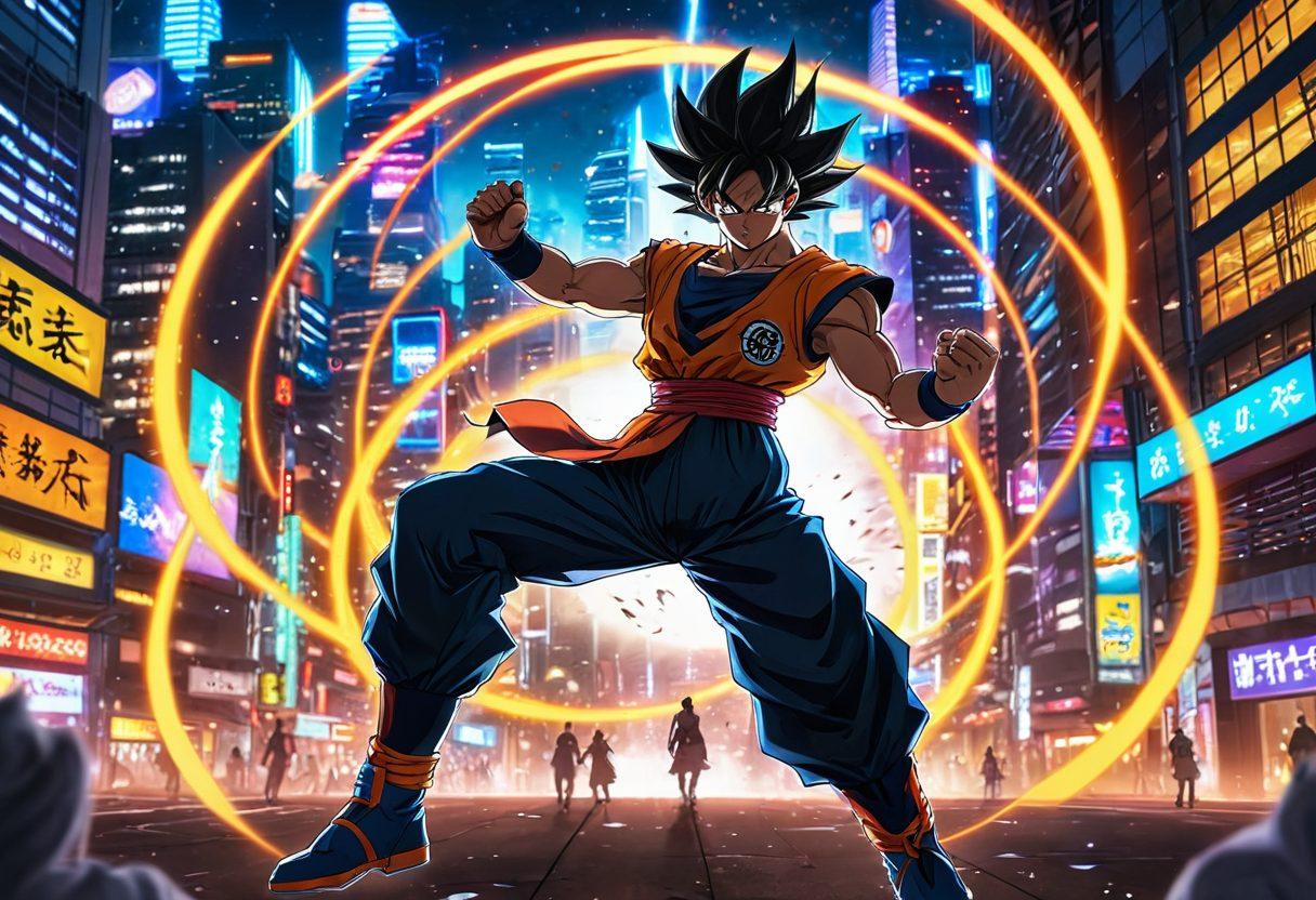 A dynamic illustration capturing Dark Goku in a powerful stance, surrounded by a swirling vortex of energy, with manga pages and merchandise (figurines, shirts) scattered around. The background includes a vibrant cityscape of an otaku paradise filled with neon lights and fans in anime cosplay. Evoke feelings of excitement and fandom in the atmosphere. super-realistic. vibrant colors. 3D.