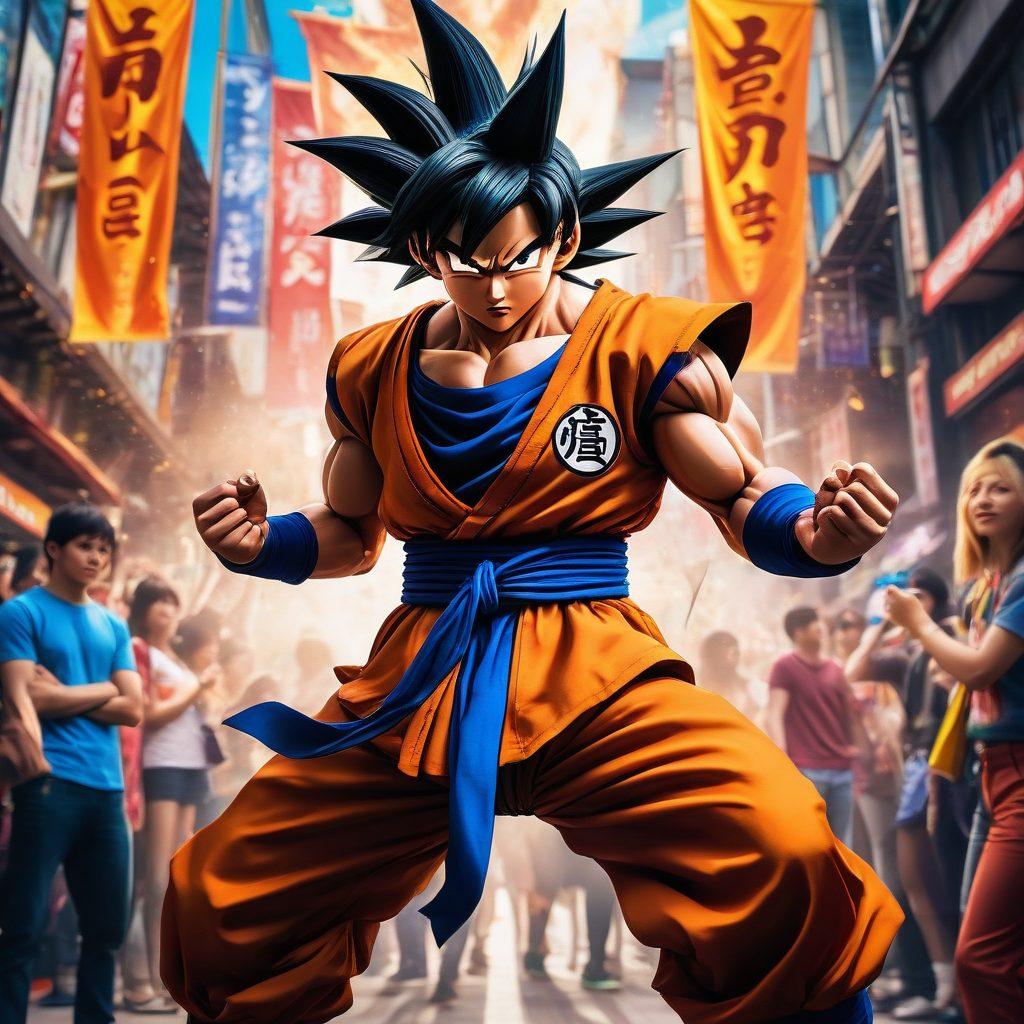 A captivating scene featuring a dynamic Dark Goku in an epic pose, surrounded by vivid fan art interpretations of him from various anime styles. The background showcases a lively anime convention atmosphere with colorful banners and excited fans in cosplay, celebrating the culture. Incorporate elements of energy blasts and glowing effects to emphasize Goku's power. Include subtle hints of other anime characters in the crowd for added depth. vibrant colors. super-realistic. energetic atmosphere.